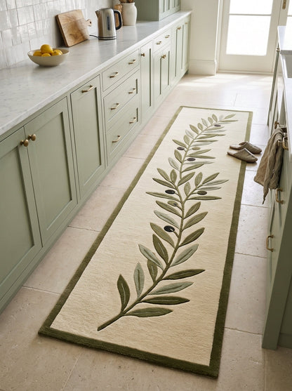 Olive Branch Runner Rug in ivory with a carved olive green botanical branch, sage leaves, dark olives and slim border