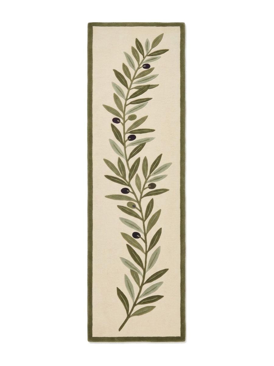Olive Branch Runner Rug with an ivory field, olive and sage leaves, dark olives and slim green border