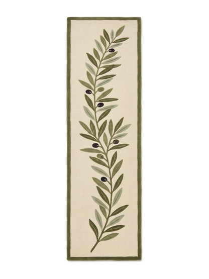 Olive Branch Runner Rug with an ivory field, olive and sage leaves, dark olives and slim green border