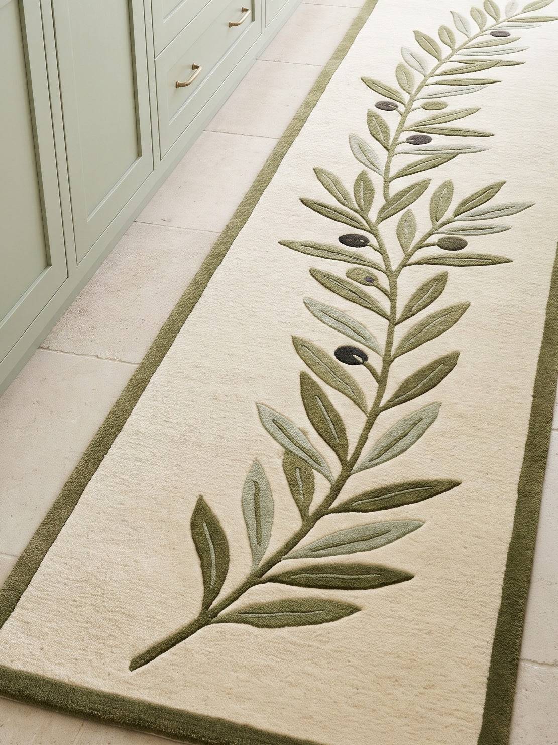 Olive Branch Runner Rug in ivory wool with an olive green border and a carved branch, sage leaves and dark olives