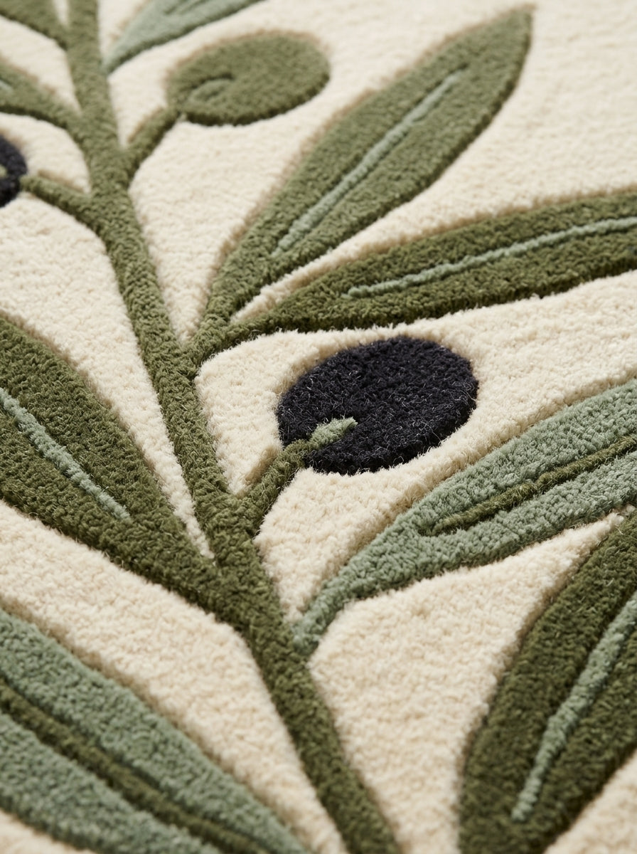 Olive Branch Runner Rug with a plush ivory wool surface, raised olive green leaves and dark charcoal olives in a botanical design