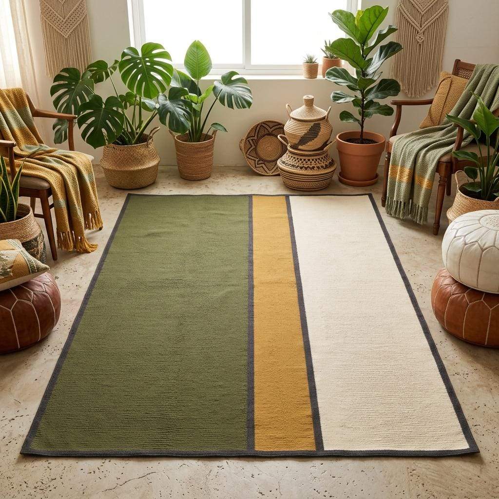 Olive green wool flatweave area rug with mustard and ivory color blocks and charcoal border