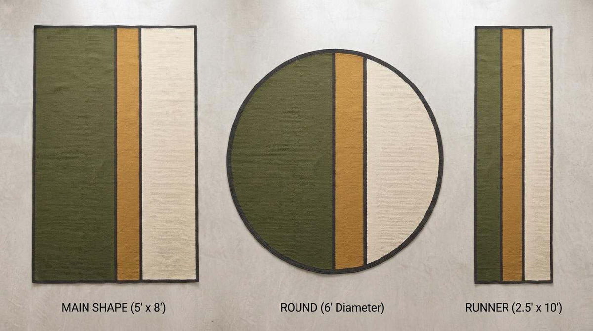 Olive green wool flatweave area rug with mustard and ivory color blocks and charcoal border