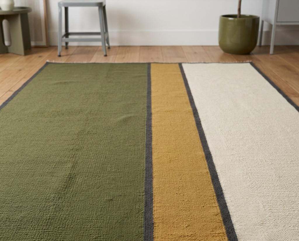 Olive green wool flatweave area rug with mustard and ivory color blocks and charcoal border