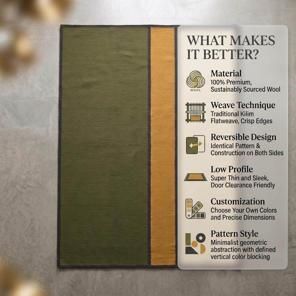 Olive green wool flatweave area rug with mustard and ivory color blocks and charcoal border
