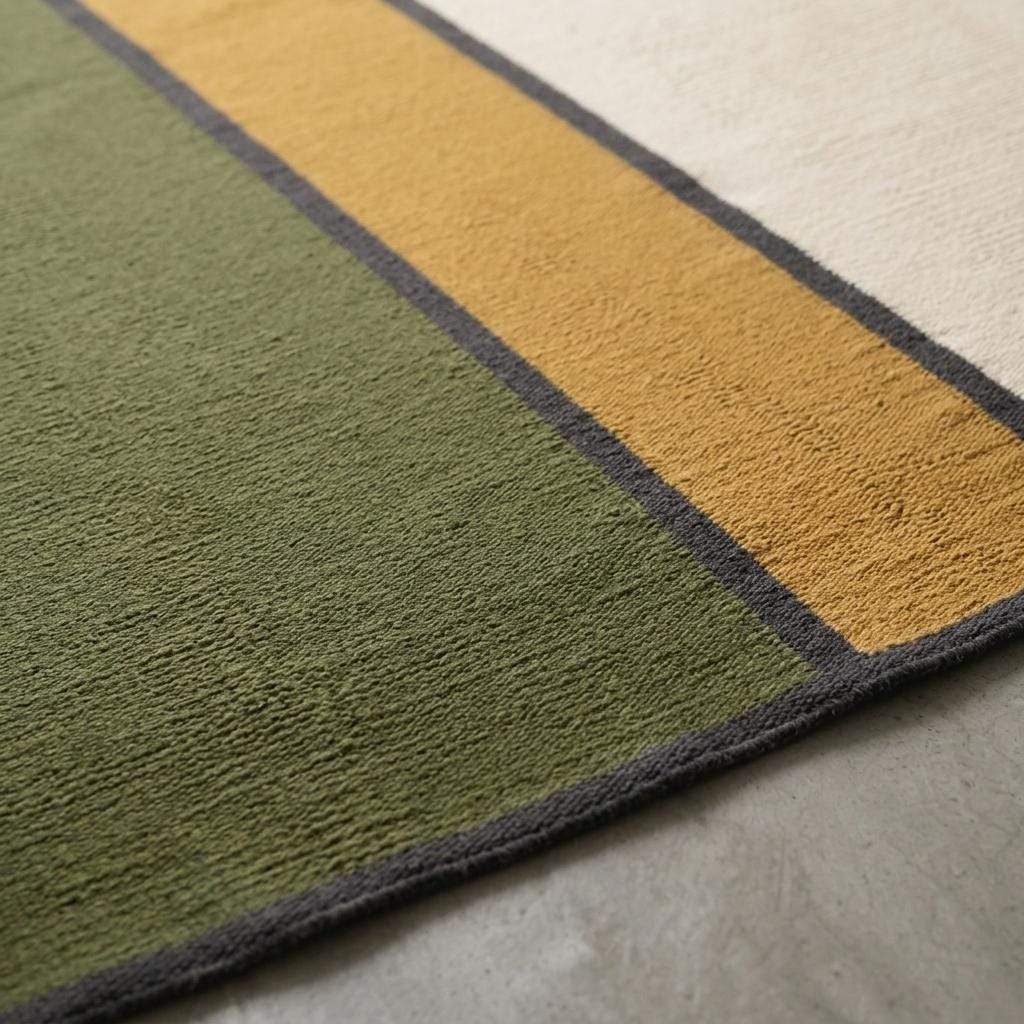 Olive green wool flatweave rug with mustard and ivory color blocks and charcoal border