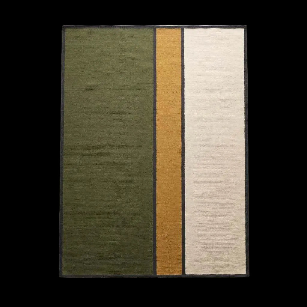 Handwoven olive green wool flatweave rug with mustard and ivory color blocks and charcoal border