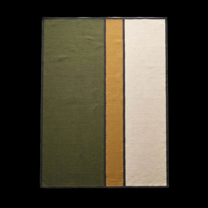 Handwoven olive green wool flatweave rug with mustard and ivory color blocks and charcoal border