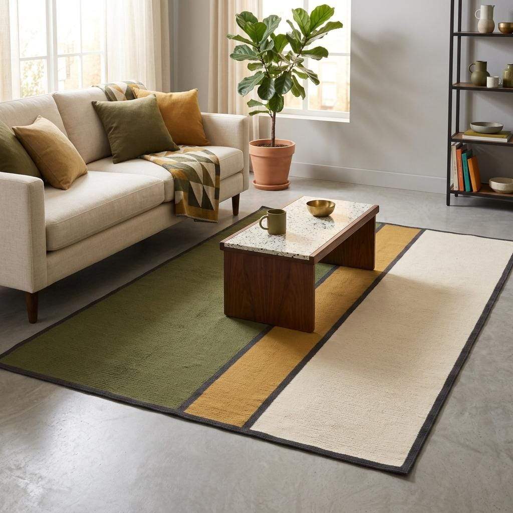 Olive green wool flatweave area rug with mustard and ivory color blocks and charcoal border