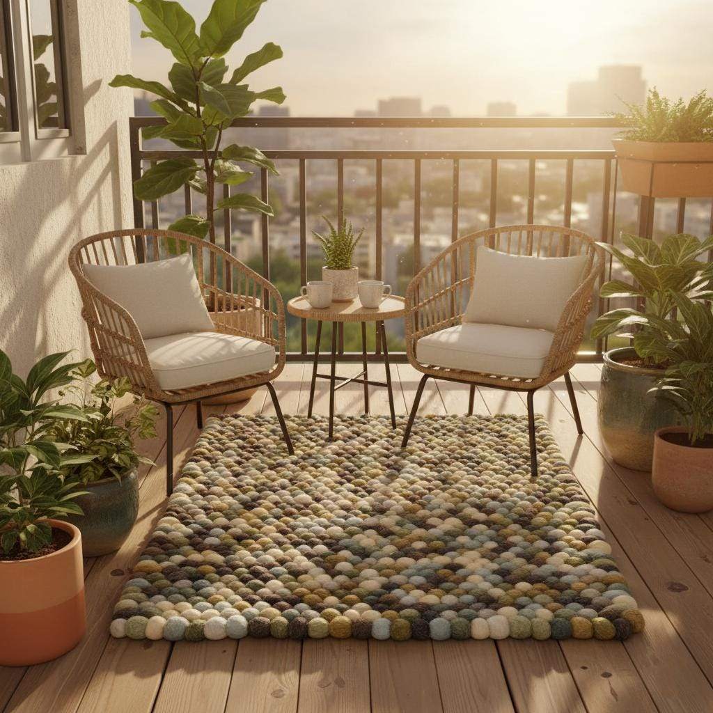 Handmade Olive & Mint Pebble Mat wool felt ball rug with textured natural tones for cozy home decor