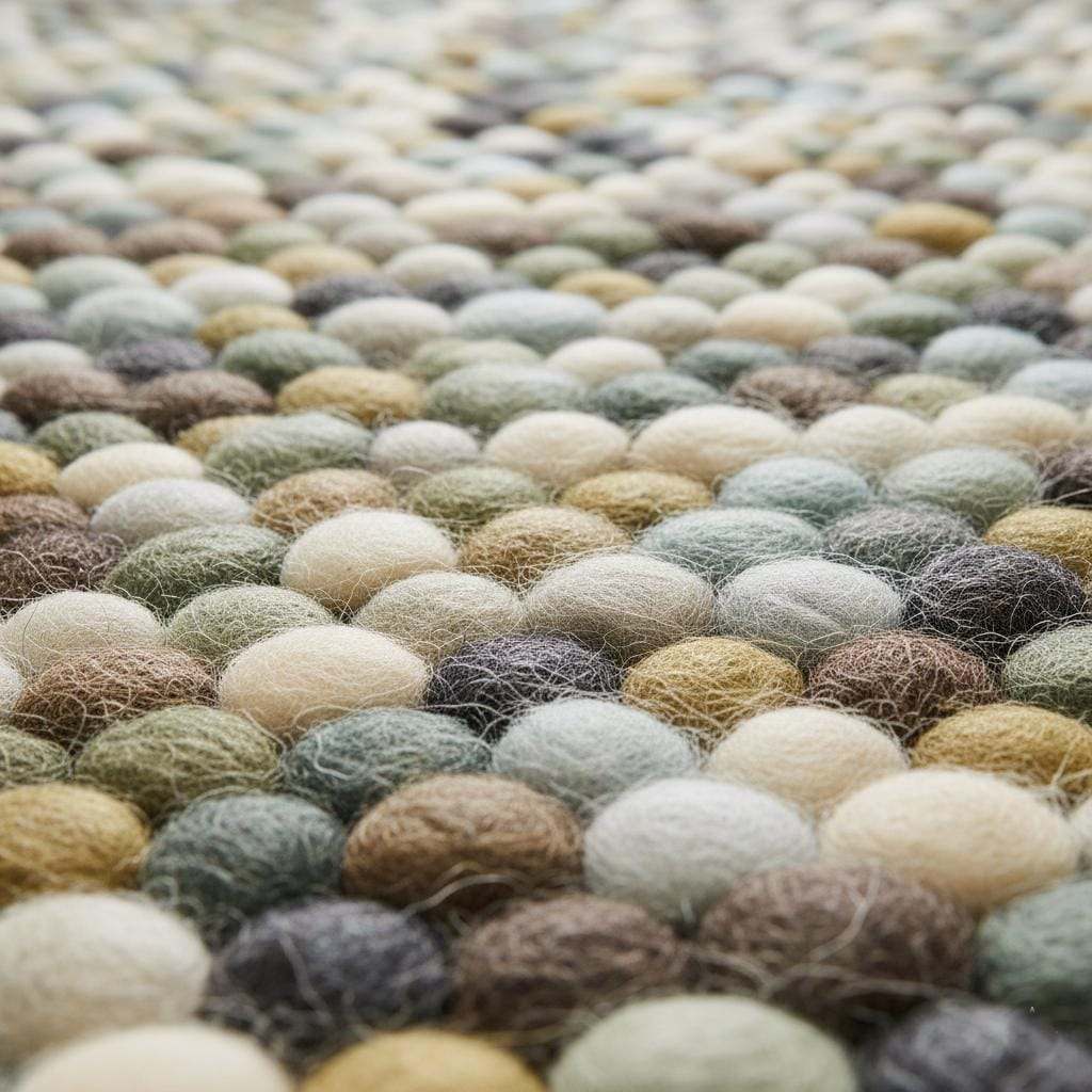 Handmade Olive & Mint Pebble Mat wool felt ball rug in earthy tones for cozy home decor