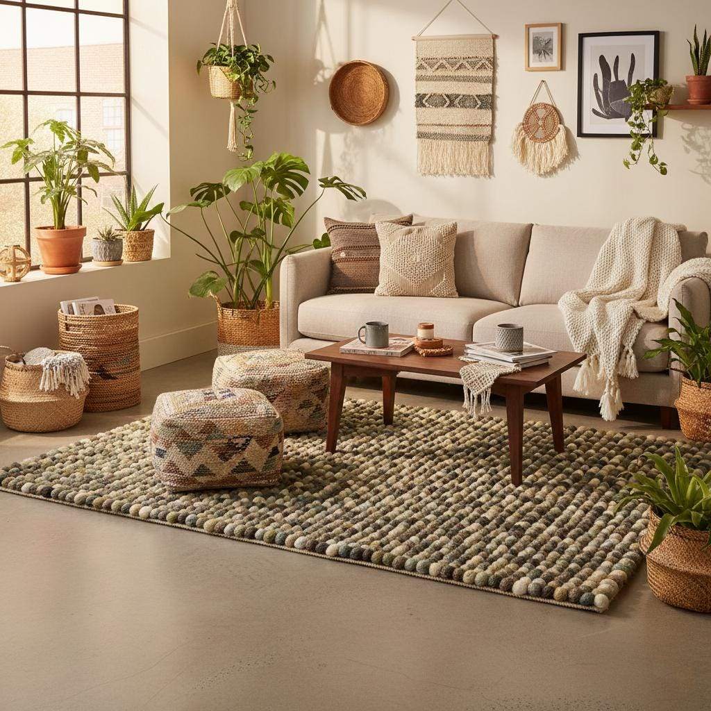 Handmade Olive & Mint Pebble Mat wool felt ball rug with textured natural tones for cozy home decor