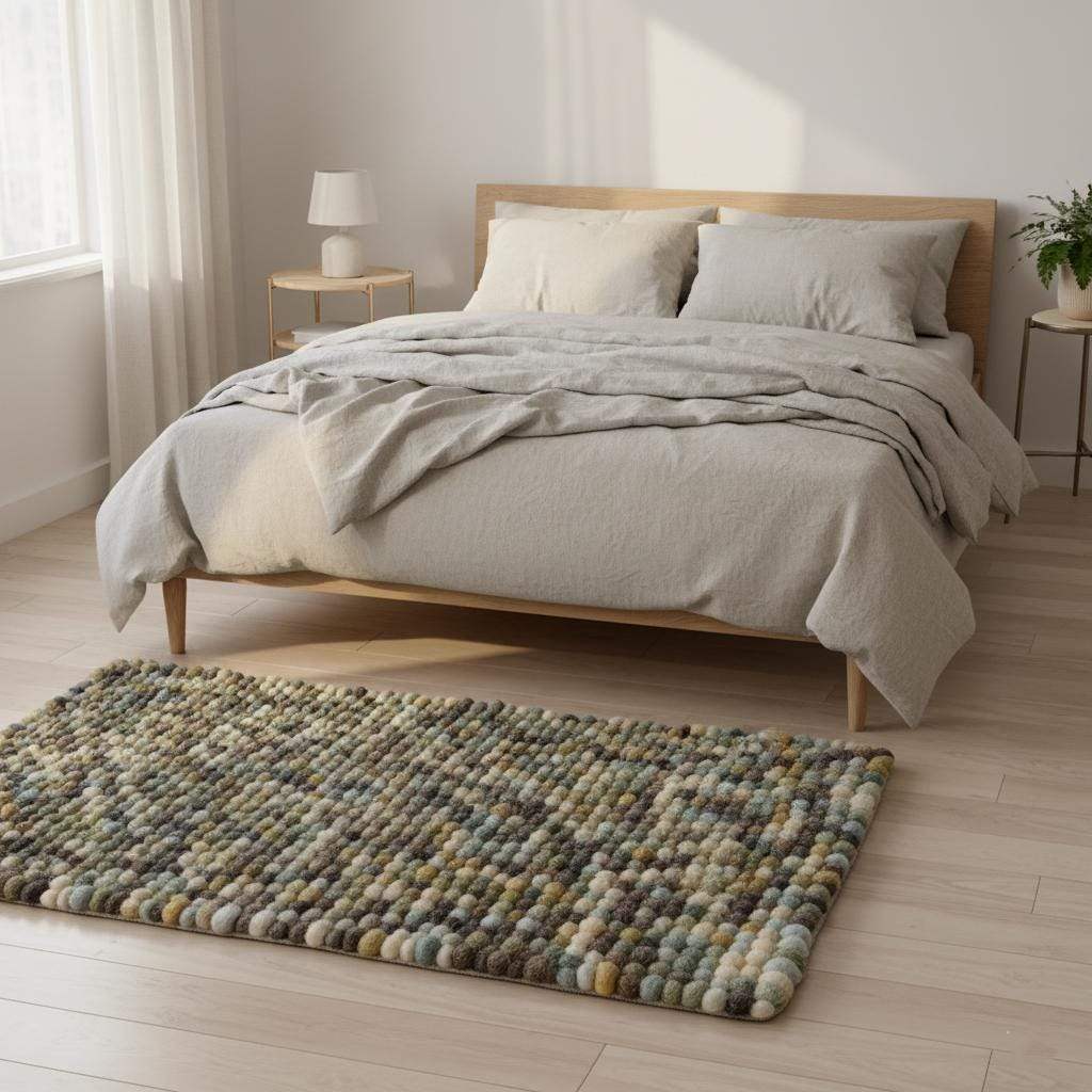 Handmade Olive & Mint Pebble Mat wool felt ball rug with textured artisanal design in natural tones