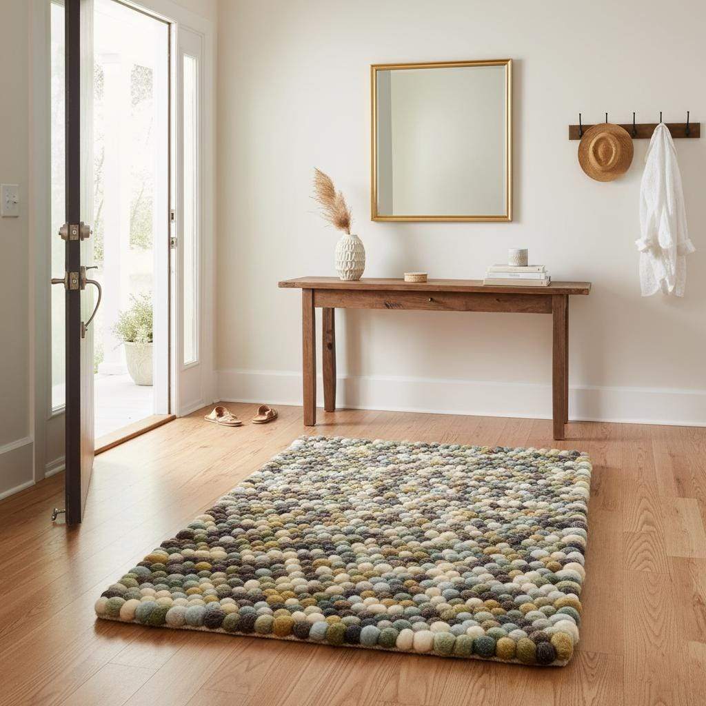 Handmade Olive & Mint Pebble Mat with textured wool felt balls in green and neutral tones for cozy home decor