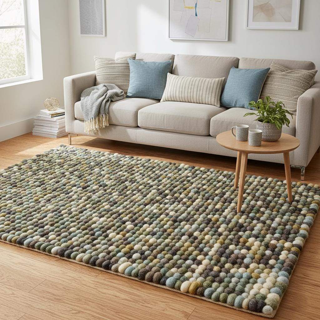 Handmade Olive & Mint Pebble Mat wool felt ball rug with textured natural tones for cozy home decor
