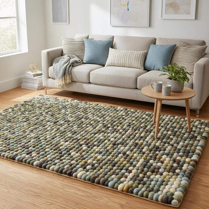 Handmade Olive & Mint Pebble Mat wool felt ball rug with textured natural tones for cozy home decor