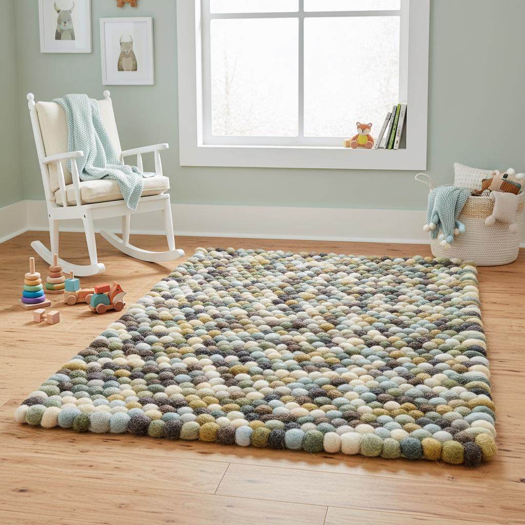 Handmade olive and mint pebble mat with wool felt balls in olive green, mint, cream, and mocha tones for textured home decor