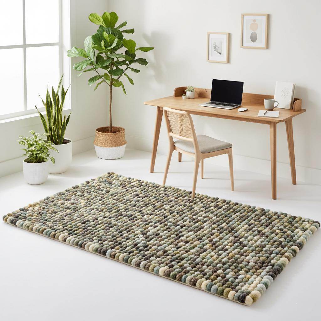 Handmade Olive & Mint Pebble Mat with textured wool felt balls in natural tones for cozy home decor