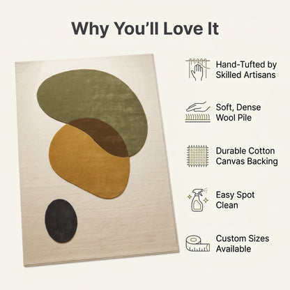 Organic Abstract Rug in ivory with olive, mustard, brown and charcoal pebble shapes and a soft wool pile