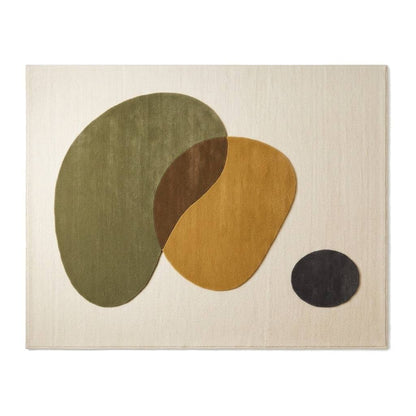 Organic Abstract Rug with an ivory wool base and overlapping olive, mustard, brown and charcoal pebble shapes