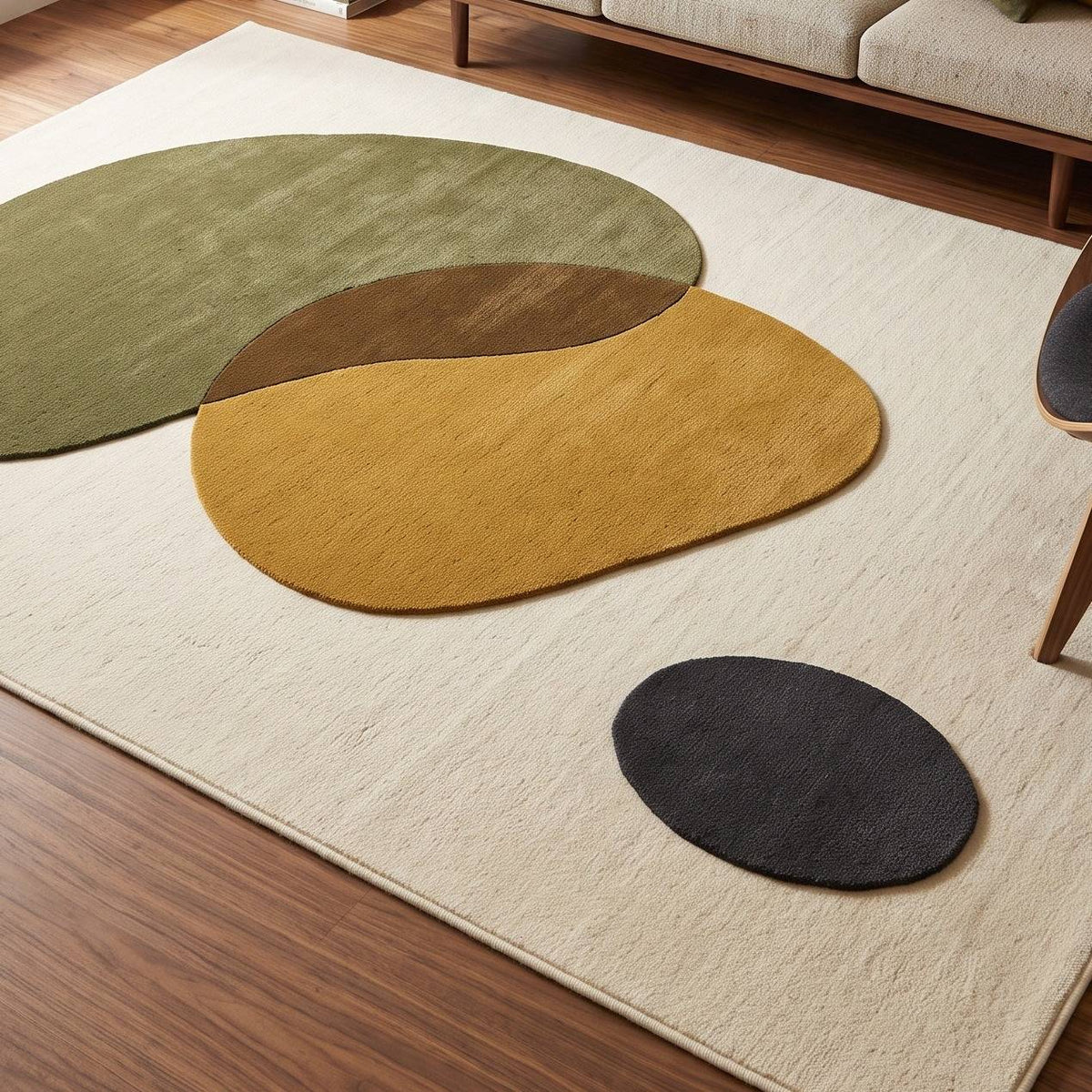 Organic Abstract Rug with an ivory wool base and raised olive, mustard, brown and charcoal pebble shapes