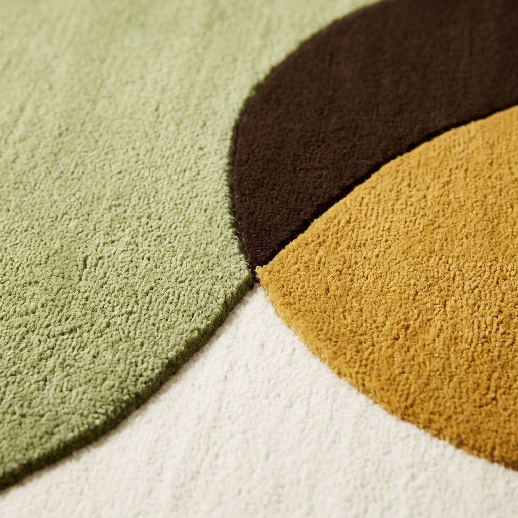 Organic Abstract Rug with plush wool pile, showing overlapping olive, mustard and dark brown shapes on ivory.