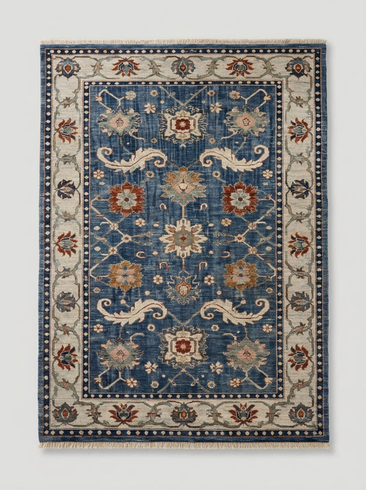 Oushak Hand Knotted Rug in blue wool, with ivory scrolling floral motifs, rust and sage flowers, and a wide ivory border.