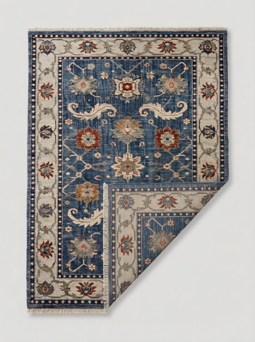 Oushak Hand Knotted Rug in blue wool, with ivory floral border, scrolling motifs, rust and gold flowers, and fringed ends.