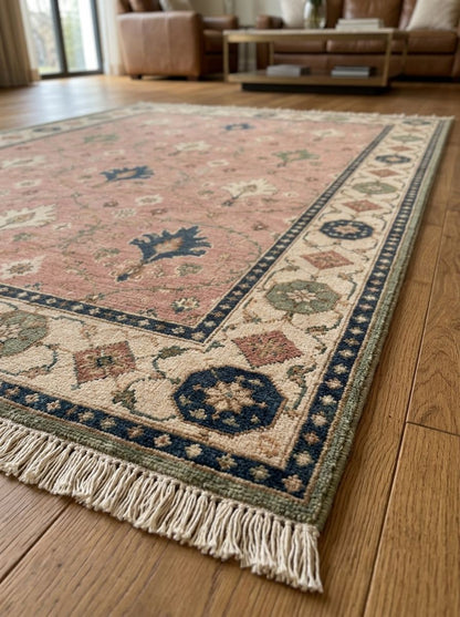 Blush Pink Palmette Hand Knotted Wool Rug, Floral Ogee Lattice Ivory Border