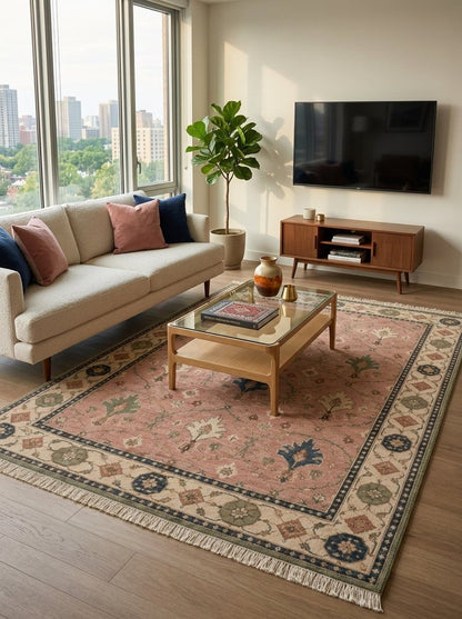 Blush Pink Palmette Hand Knotted Wool Rug, Floral Ogee Lattice Ivory Border