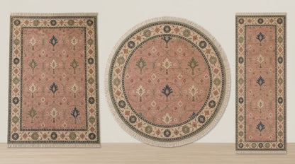 Blush Pink Palmette Hand Knotted Wool Rug, Floral Ogee Lattice Ivory Border