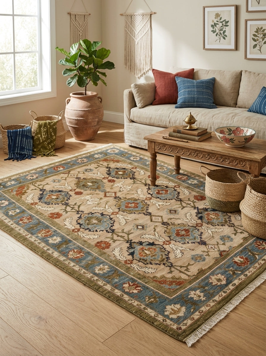 Oushak Hand Knotted Rug in camel beige wool, with floral palmette lattice, slate blue border and fringed ends.
