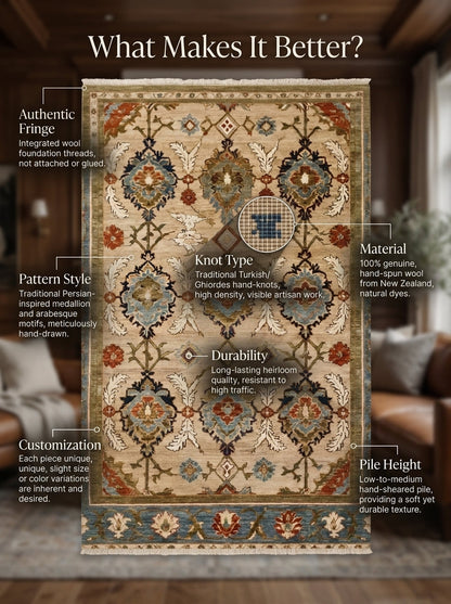Oushak Hand Knotted Rug in camel beige wool, with a floral lattice, slate blue border, and fringed ends.