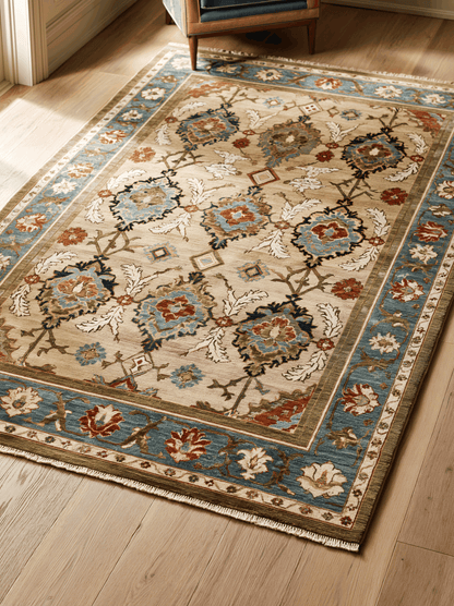 Oushak Hand Knotted Rug in camel beige wool with a floral lattice pattern, slate blue border, and fringed ends