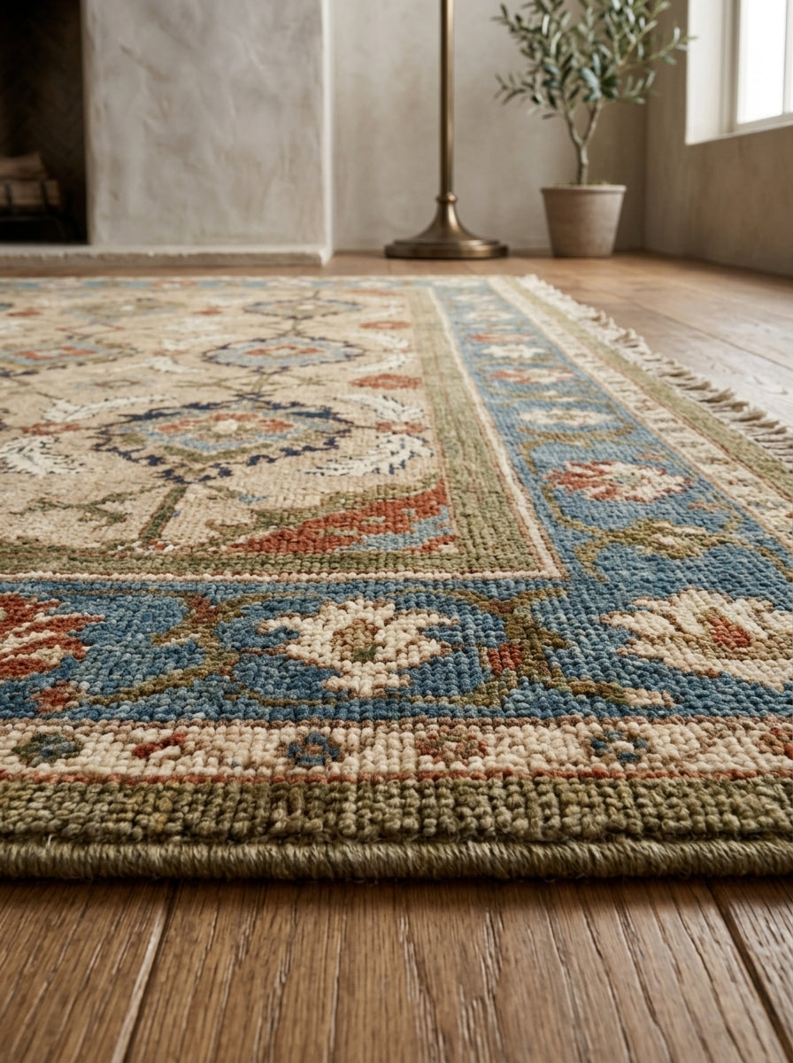 Oushak Hand Knotted Rug in camel beige wool, with a floral lattice field, slate blue floral border and fringed edge.