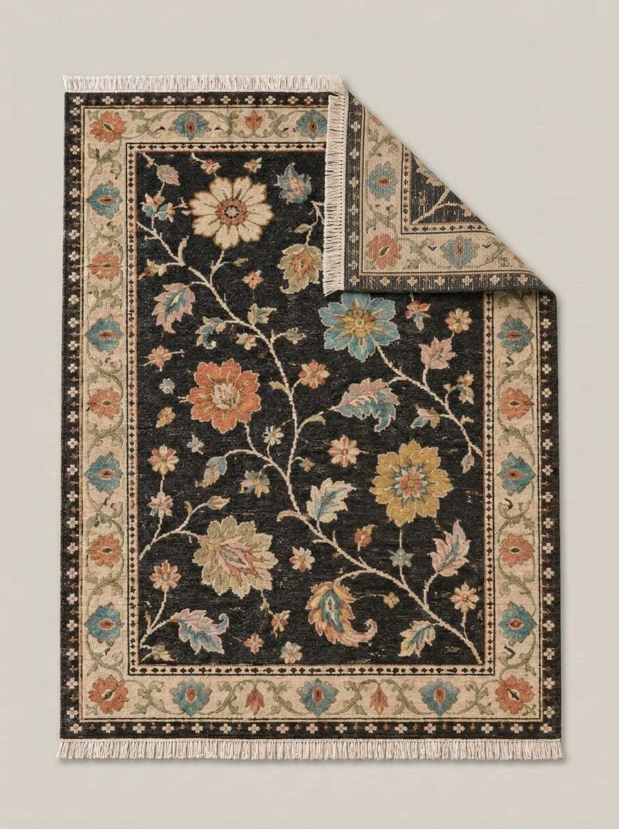 Oushak Hand Knotted Rug in charcoal black wool with multicoloured floral vines, an ivory palmette border and fringed ends