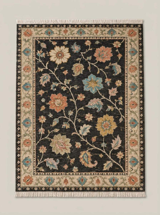Oushak Hand Knotted Rug in charcoal wool, with multicoloured floral vines, an ivory palmette border and fringe