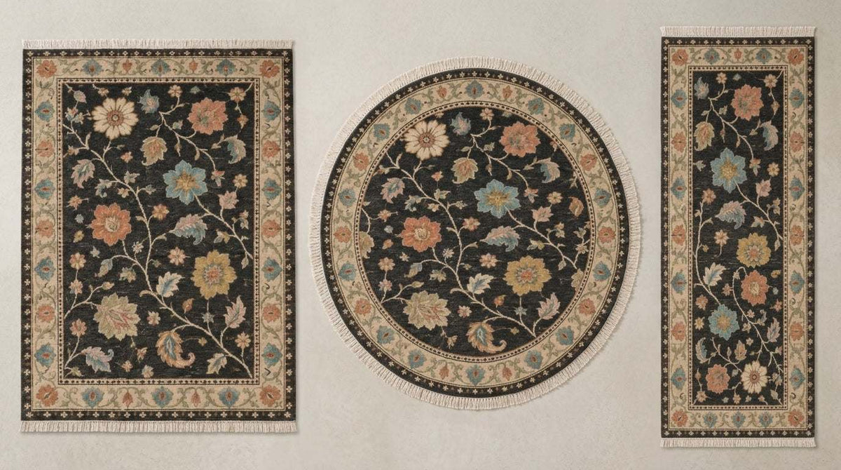 Oushak Hand Knotted Rug in charcoal wool with colorful floral vines, ivory palmette borders and rectangular and round forms