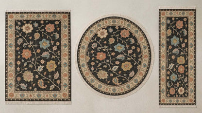 Oushak Hand Knotted Rug in charcoal wool with colorful floral vines, ivory palmette borders and rectangular and round forms