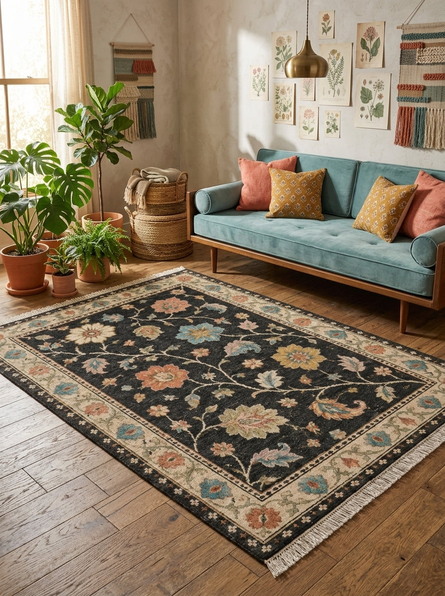 Oushak Hand Knotted Rug in charcoal black wool with colorful floral vines, ivory palmette border and fringed ends