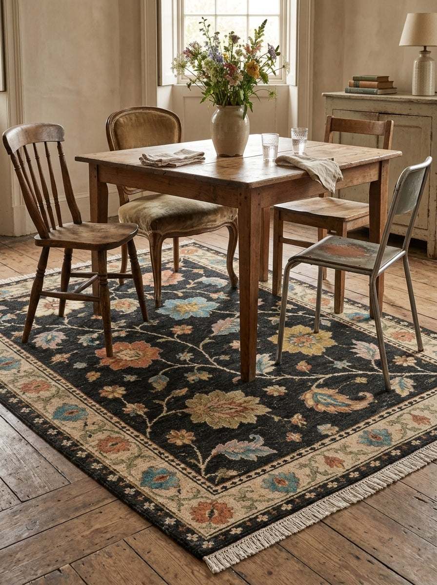 Oushak Hand Knotted Rug in charcoal wool with colorful floral motifs, ivory palmette border and fringed ends