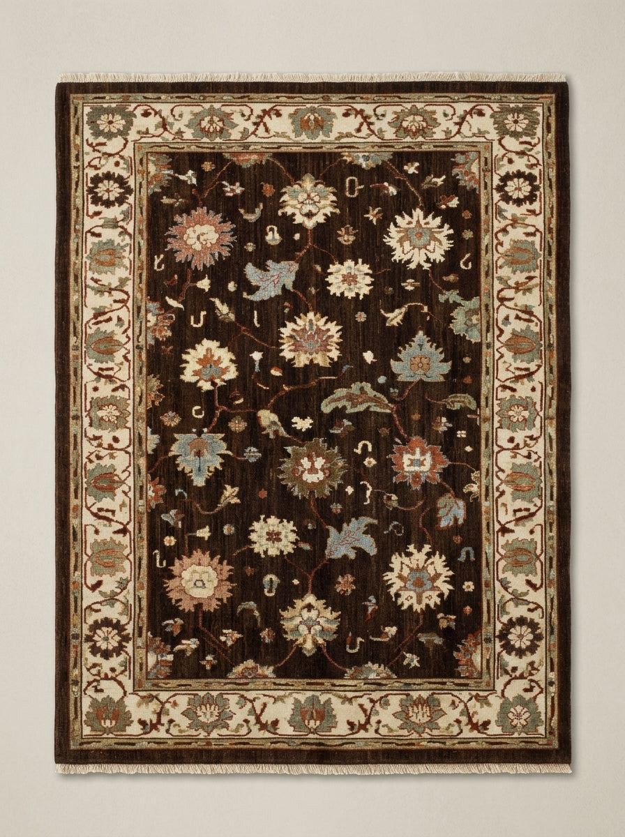 Oushak Hand Knotted Rug in chocolate brown wool, with multicolour floral motifs and a wide ivory palmette border.
