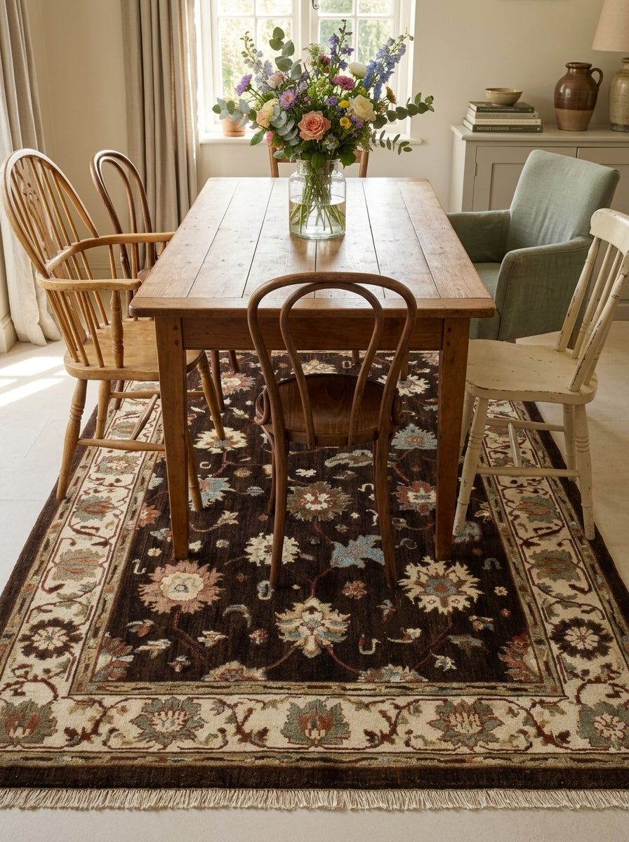 Oushak Hand Knotted Rug in chocolate brown wool, with ivory floral border, multicoloured blossoms and fringe.