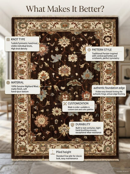 Oushak Hand Knotted Rug in chocolate brown wool with floral motifs, ivory palmette border, and fringe edges.