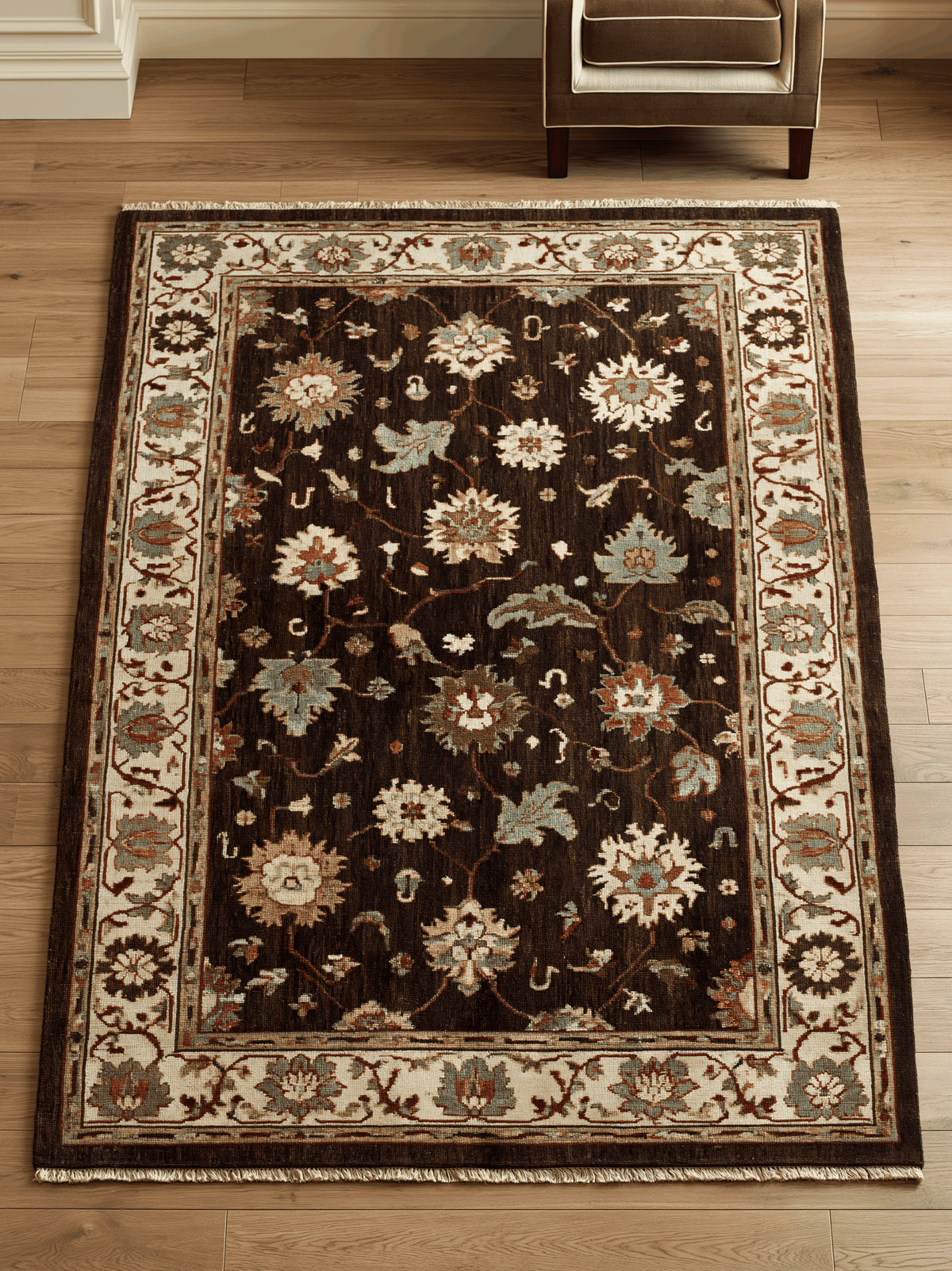 Oushak Hand Knotted Rug in chocolate brown wool with ivory floral border and multicoloured blossoms and vines