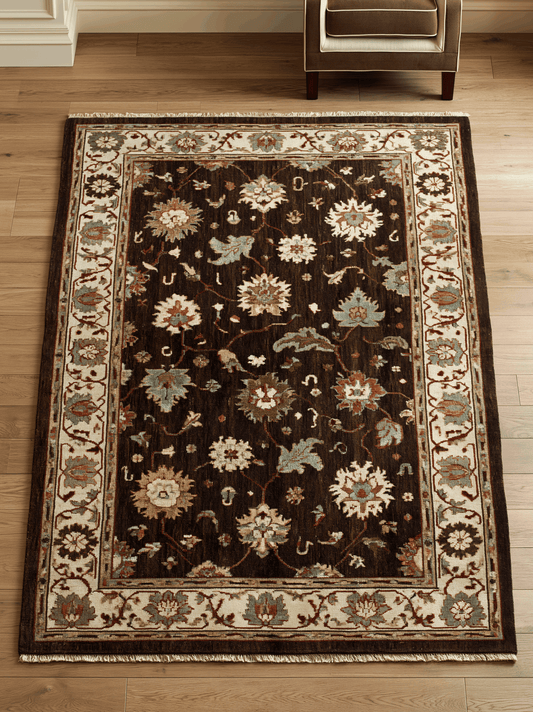 Oushak Hand Knotted Rug in chocolate brown wool with ivory floral border and multicoloured blossoms and vines