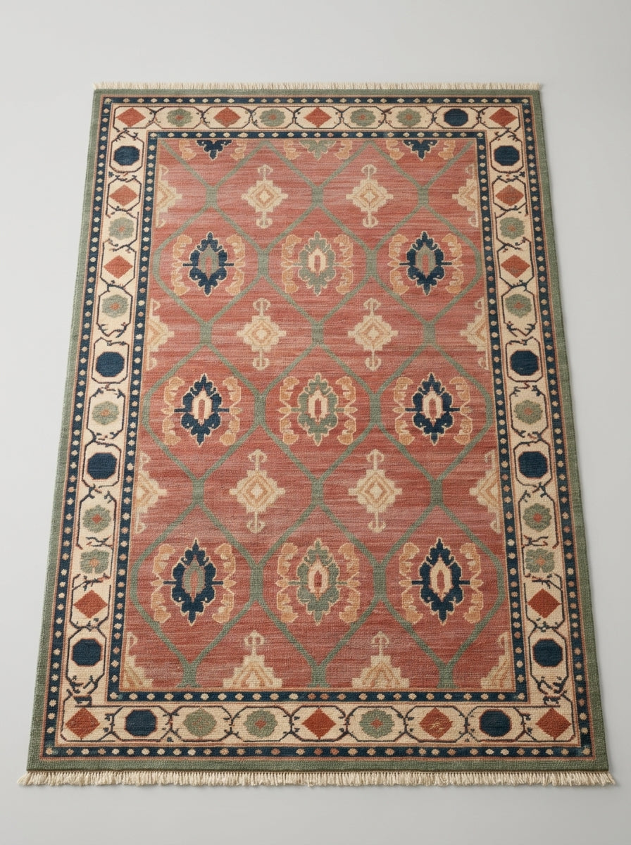 Oushak Hand Knotted Rug in coral pink wool, with sage lattice, multicolour medallions and an ivory geometric border.