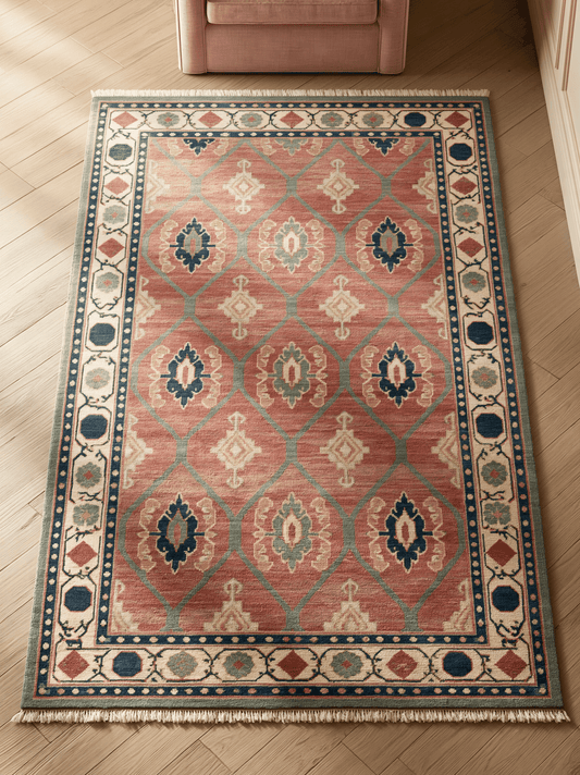 Oushak Hand Knotted Rug in coral pink wool with sage lattice, navy and ivory medallions, ornate ivory border and fringe