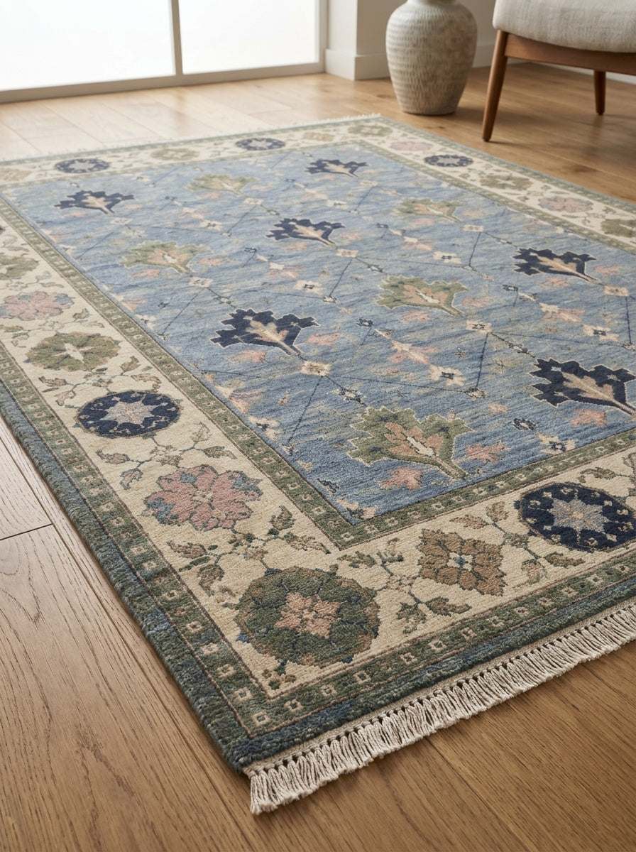 Oushak Hand Knotted Rug in cornflower blue wool with stepped navy and sage tree motifs, ivory rosette border and fringe