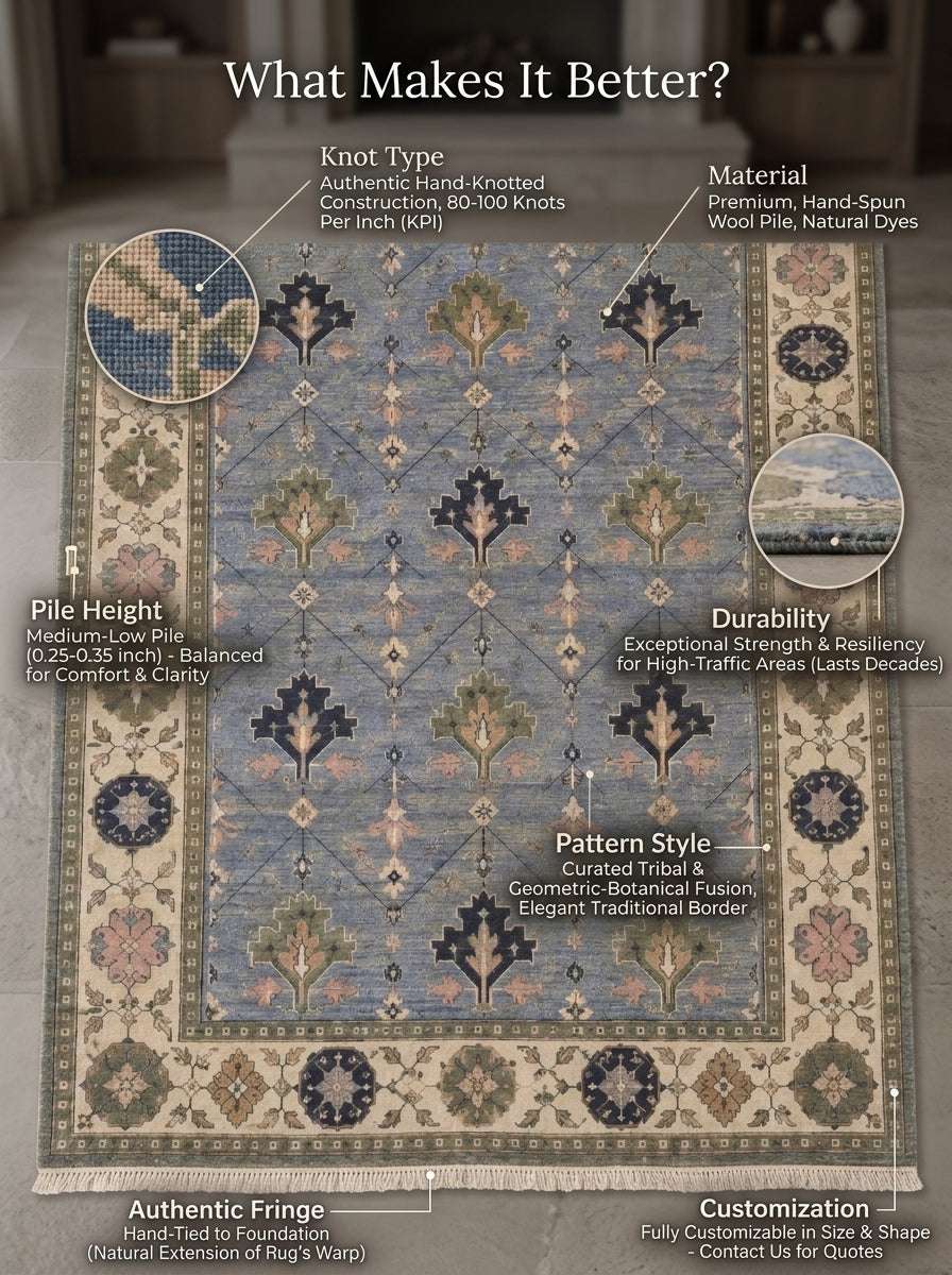 Oushak Hand Knotted Rug in cornflower blue wool with stepped tree motifs, diamond lattice, ivory floral border and fringe
